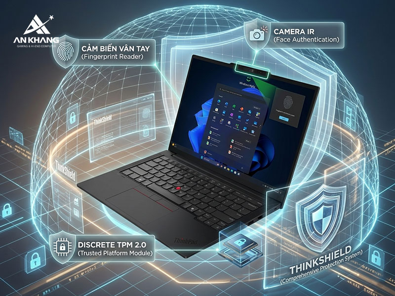 Laptop Lenovo ThinkPad E14 Gen 7 gi&uacute;p bảo vệ dữ liệu v&agrave; quyền ri&ecirc;ng tư tối đa, đồng thời mang lại trải nghiệm sử dụng nhanh ch&oacute;ng, tiện lợi trong m&ocirc;i trường l&agrave;m việc h&agrave;ng ng&agrave;y