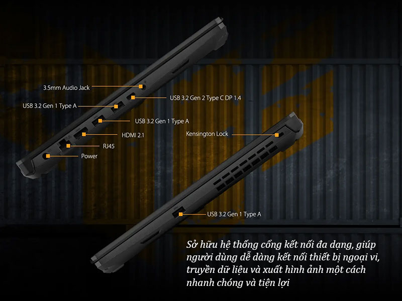 Hệ thống các cổng kết nối vật lý tiện lợi và linh hoạt của ASUS TUF Gaming A15 FA506NCG-HN184W