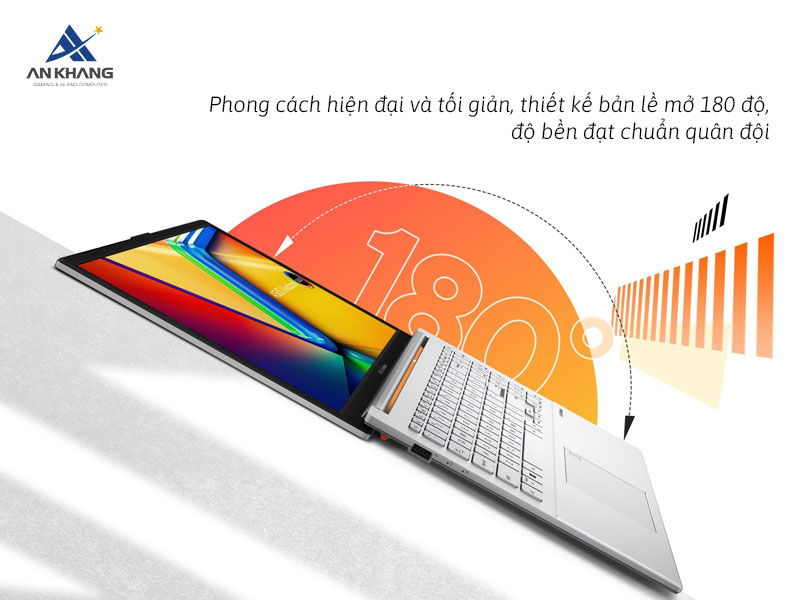 Asus Vivobook Go 15 E1504FA mang phong c&aacute;ch hiện đại, bản lề mở 180 độ v&agrave; bền bỉ theo ti&ecirc;u chuẩn qu&acirc;n sự