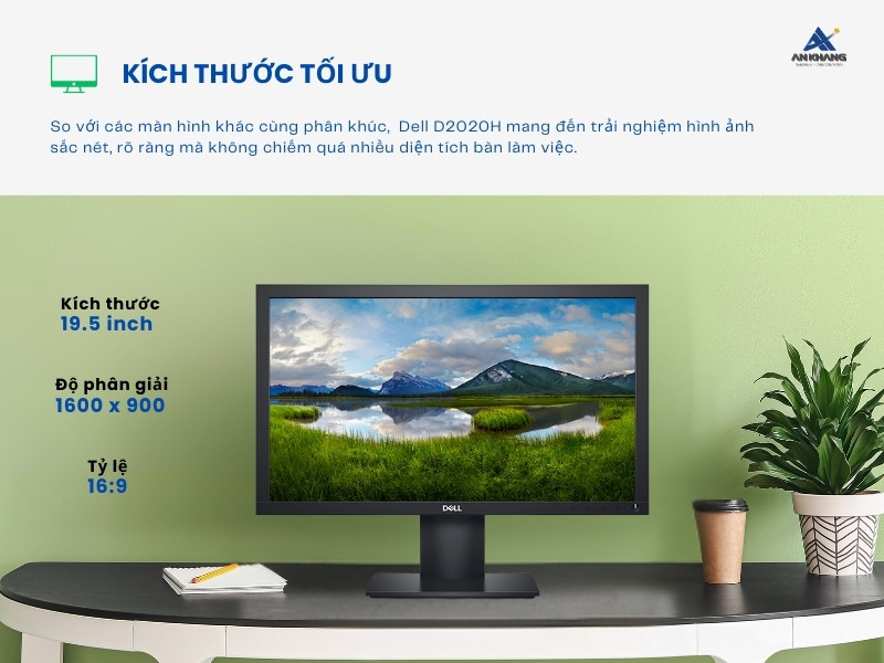 Màn hình Dell D2020H với kích thước 19.5 inch vừa vặn và độ phân giải HD+ rõ nét