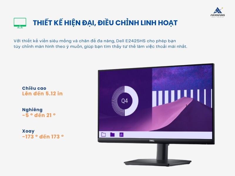 Màn hình máy tính Dell E2425HS với thiết kế hiện đại, điều chỉnh linh hoạt