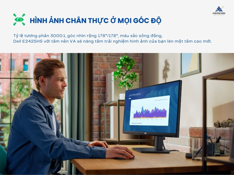 Màn hình LCD Dell E2425HS trang bị tấm nền VA, cho hình ảnh ổn định ở mọi góc độ