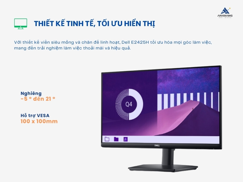 Màn hình LCD Dell E2425H với thiết kế tinh tế, điều chỉnh dễ dàng