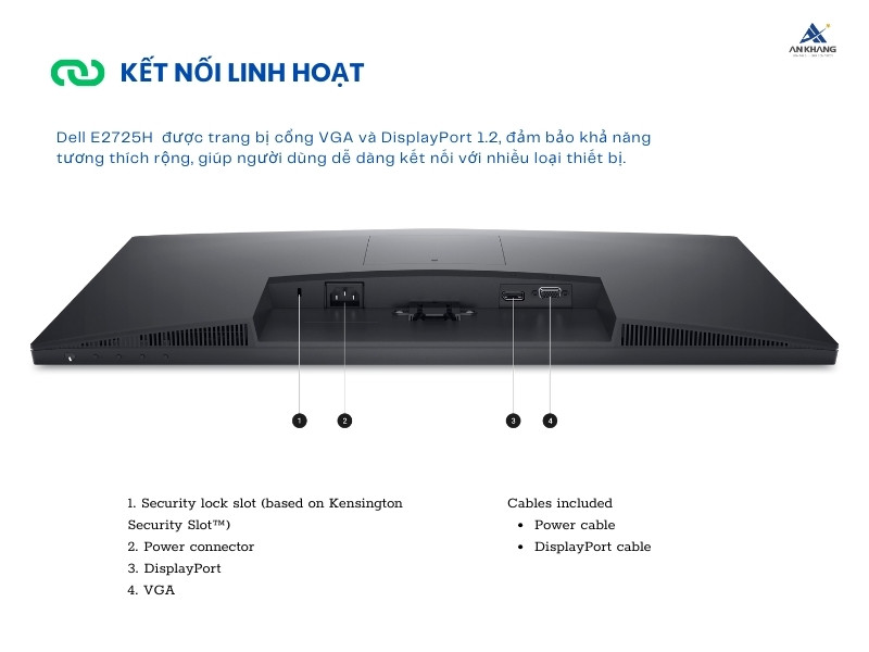 Màn hình Dell E2725H trang bị đầy đủ cổng kết nối cơ bản