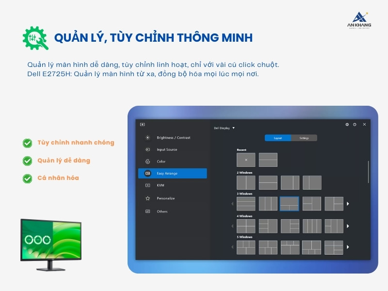 Màn hình LCD Dell E2725H với phần mềm Dell Display Manager tùy chỉnh thông minh