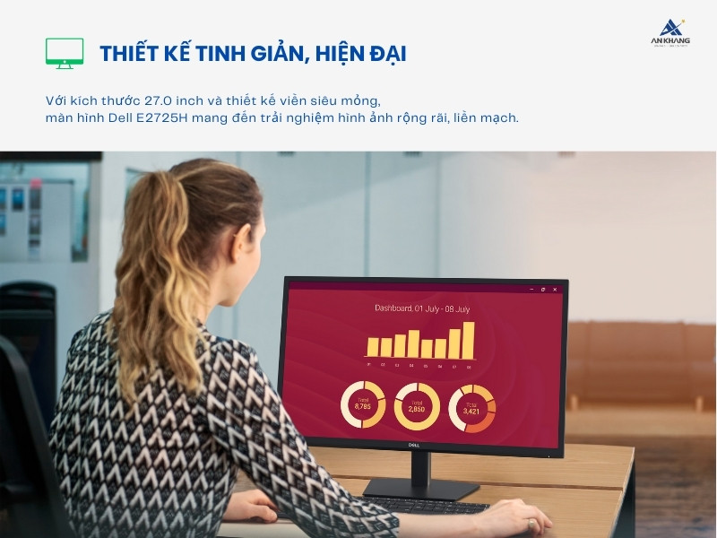 Màn hình LCD Dell E2725H với kích thước 27 inch, viền siêu mỏng tối ưu không gian hiển thị