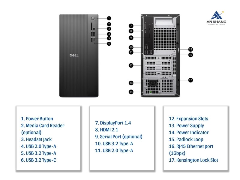 Máy tính để bàn Dell Pro Tower Essential QVT1260 QVT1260-14100-08512U kết nối chuẩn văn phòng