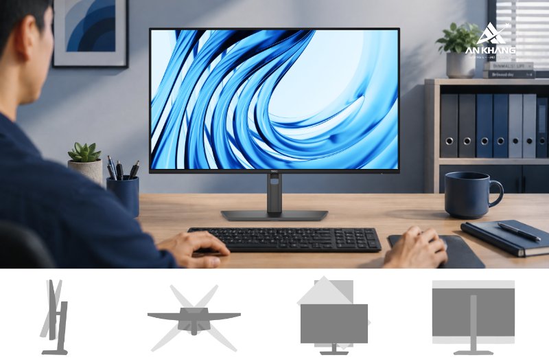 Màn hình Dell Pro P2726H nổi bật với thiết kế công thái học cho phép điều chỉnh linh hoạt