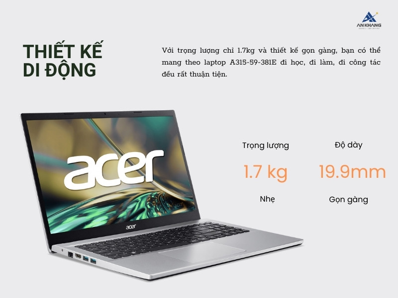 Laptop Acer Aspire 3 A315-59-381E NX.K6TSV.006 với thiết kế gọn gàng