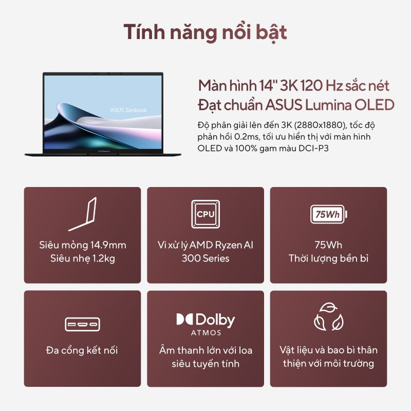 Laptop ASUS Zenbook 14 UM3406KA-PP555WS - Mỏng nhẹ, hiệu năng vượt trội, sẵn sàng cho tương lai