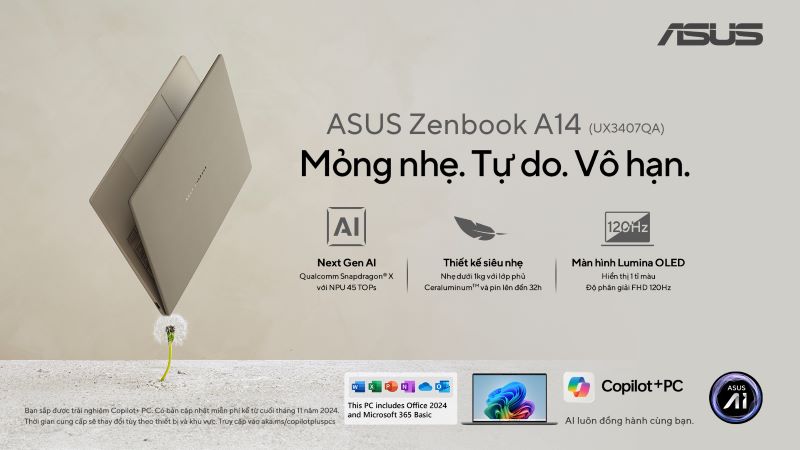 Laptop ASUS Zenbook A14 UX3407QA-QD299WS - Gọn nhẹ, bền bỉ, hiệu suất mạnh mẽ