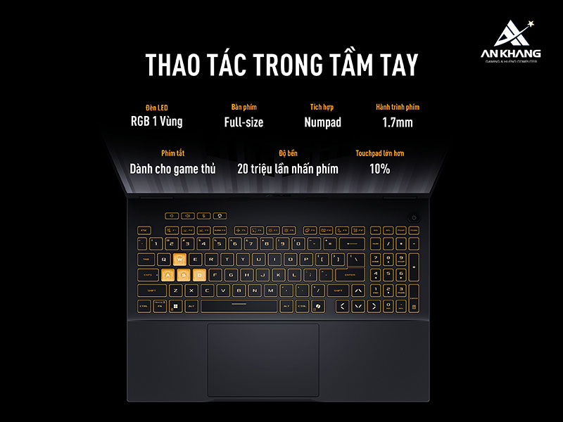 Thao tác trong tầm tay cùng bàn phím full-size tối ưu cho game thủ của laptop ASUS TUF Gaming F16 FX608JHR