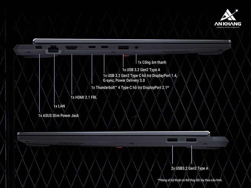 Laptop ASUS TUF Gaming F16 FX608JHR-RV160W với hệ thống kết nối đa dạng và hiện đại, mang lại trải nghiệm sử dụng tiện lợi và linh hoạt