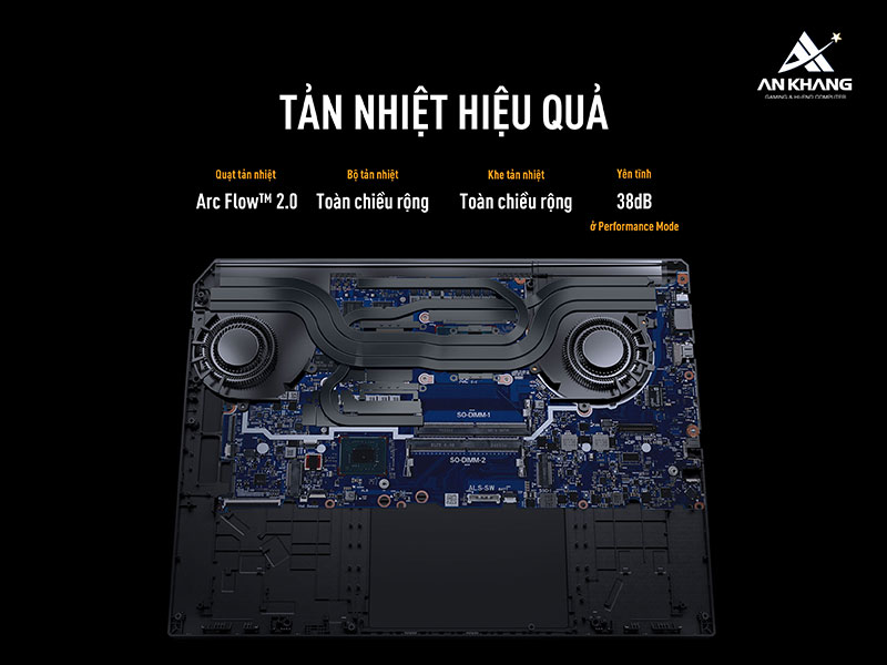 Hệ thống tản nhiệt trên ASUS TUF Gaming F16 không chỉ mạnh mẽ mà còn tối ưu về độ ồn và hiệu suất, giúp máy luôn vận hành mát mẻ, ổn định trong mọi tình huống