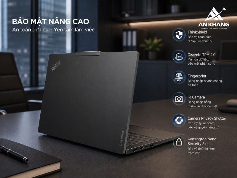Laptop Lenovo ThinkPad E14 Gen 7 21SX002NVA với hệ thống bảo mật an toàn cho dữ liệu cá nhân, doanh nghiệp