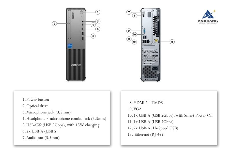 Máy tính để bàn Lenovo ThinkCentre neo 30s Gen 5 13DG0002VA sở hữu hệ thống kết nối đầy đủ, dễ dàng tương thích