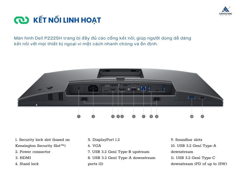 Màn hình Dell P2225H trang bị đầy đủ cổng kết nối, đáp ứng mọi nhu cầu