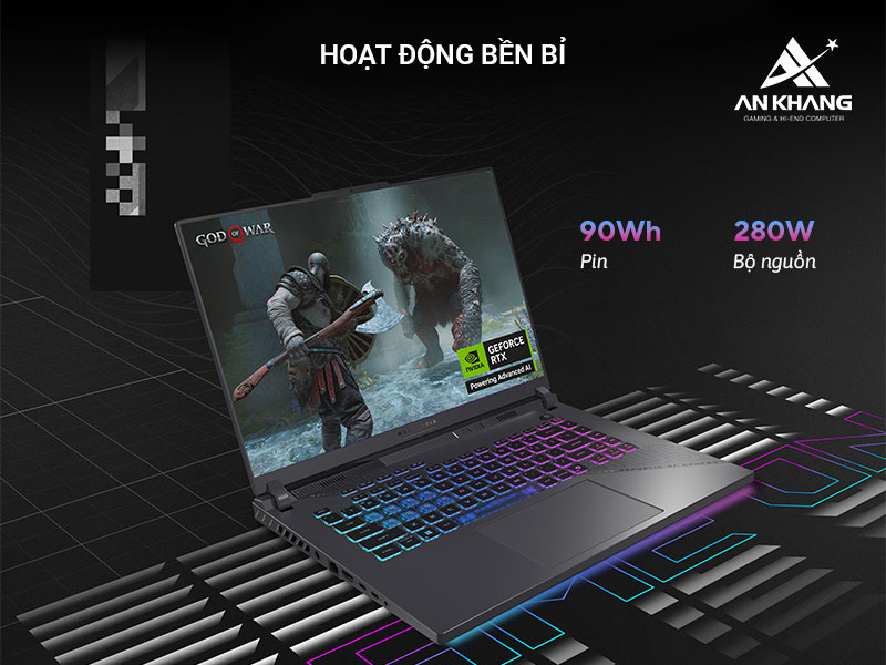 Laptop ASUS ROG Strix G16 hoạt động bền bỉ nhờ vào viên pin 90Wh và khả năng hỗ trợ sạc qua USB Type-C tới 100W