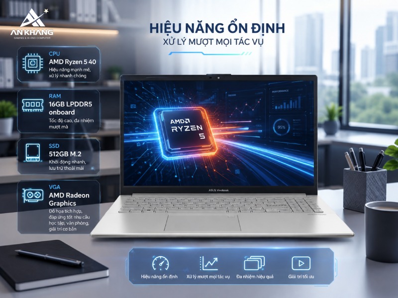 Laptop ASUS Vivobook Go 15 E1504FA-BQ340W sở hữu hiệu năng cân bằng cho nhu cầu học tập và làm việc hàng ngày