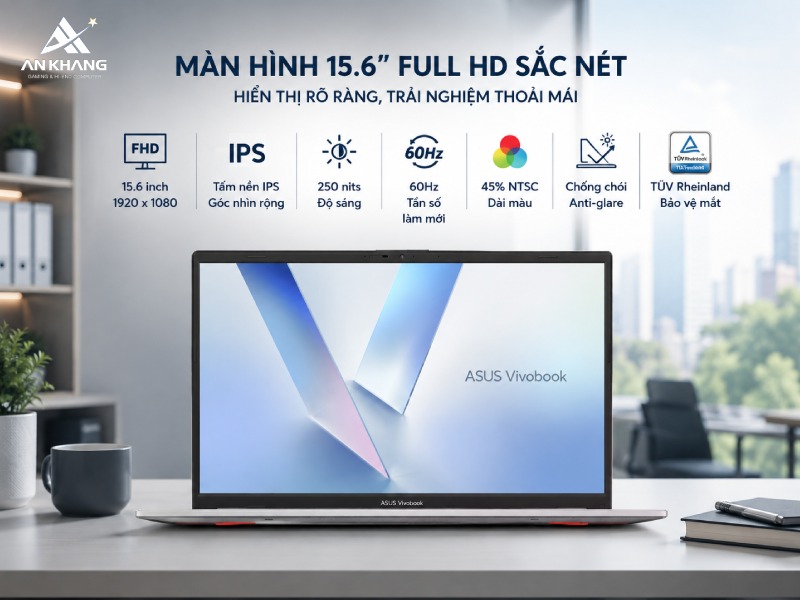 Laptop ASUS Vivobook Go 15 E1504FA-BQ340W mang đến không gian hiển thị lớn, thoải mái