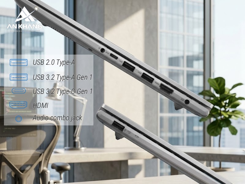 Đầy đủ các cổng kết nối cần thiết được tích hợp trên ASUS Vivobook 14 X1404MA-EB219W