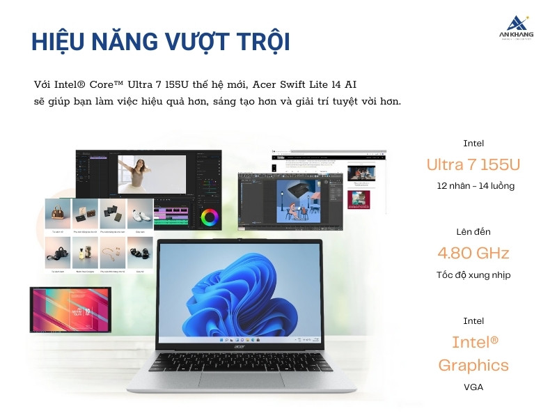 Laptop Acer Swift Lite 14 AI SFL14-51M-78XZ NX.J1HSV.001 trang bị vi xử lý Intel Core Ultar 7 thế hệ mới