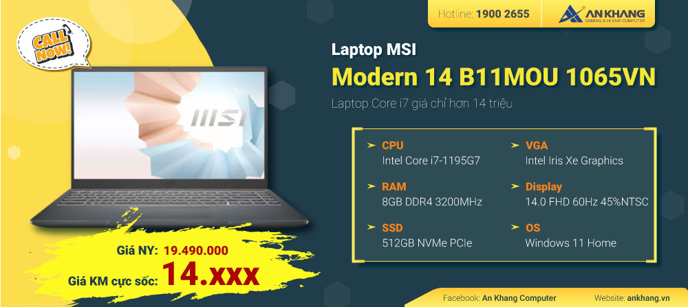 Laptop MSI Modern 14 B11MOU 1065VN - 