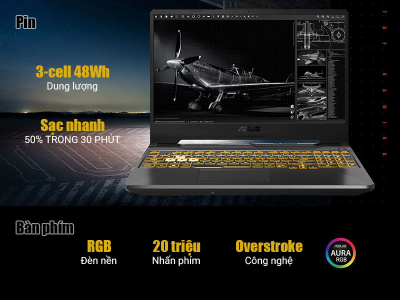 Trang bị Pin và Bàn phím của Asus TUF Gaming A15