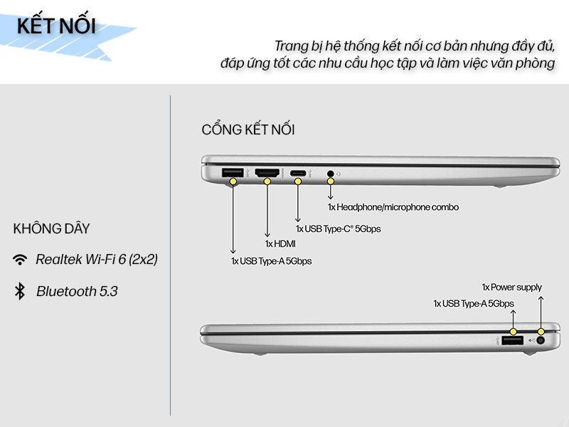 Laptop HP 14-ep0220TU B73VWPA được trang bị hệ thống cổng kết nối cơ bản nhưng đầy đủ, đáp ứng tốt các nhu cầu học tập và làm việc văn phòng