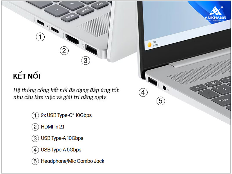 Hệ thống cổng kết nối đa dạng đ&aacute;p ứng tốt nhu cầu l&agrave;m việc v&agrave; giải tr&iacute; tr&ecirc;n HP OmniBook 5 AI 16-af1046TU BZ7Q8PA