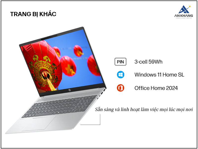 HP OmniBook 5 AI sẵn s&agrave;ng mọi l&uacute;c c&ugrave;ng trang bị Pin 3-cell 59Wh, hệ điều h&agrave;nh Windows 11 Home v&agrave; bộ Microsoft Office Home 2024 bản quyền