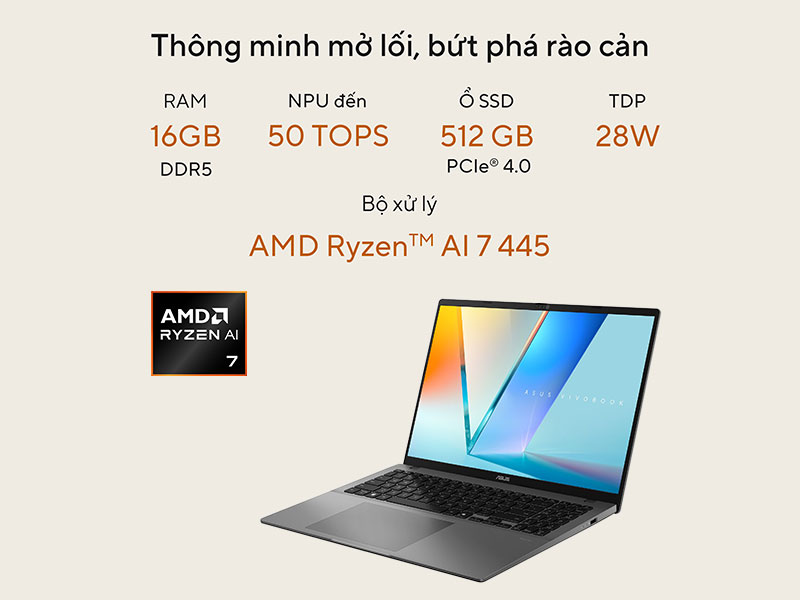 Laptop ASUS Vivobook S16 M3607GA-SH034W th&ocirc;ng minh, bứt ph&aacute; mọi r&agrave;o cản với hiệu năng mạnh mẽ từ vi xử l&yacute; AMD Ryzen AI 7 445