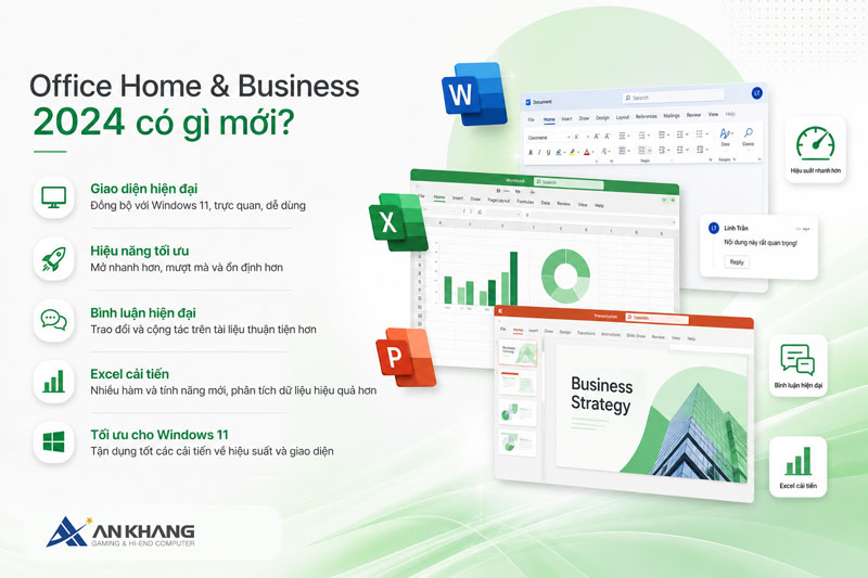 Microsoft Office Home & Business 2024 được Microsoft cải tiến cả về giao diện, hiệu năng và trải nghiệm sử dụng, giúp công việc văn phòng trở nên nhanh chóng và thuận tiện hơn