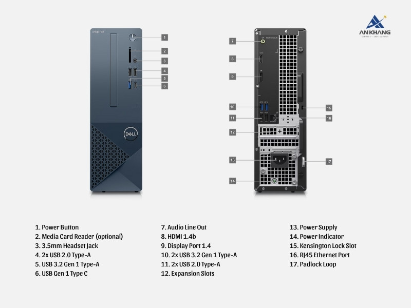 Dell Inspiron 3030 SFF SFFI53013W1-16G-512G với các cổng kết nối đa dạng