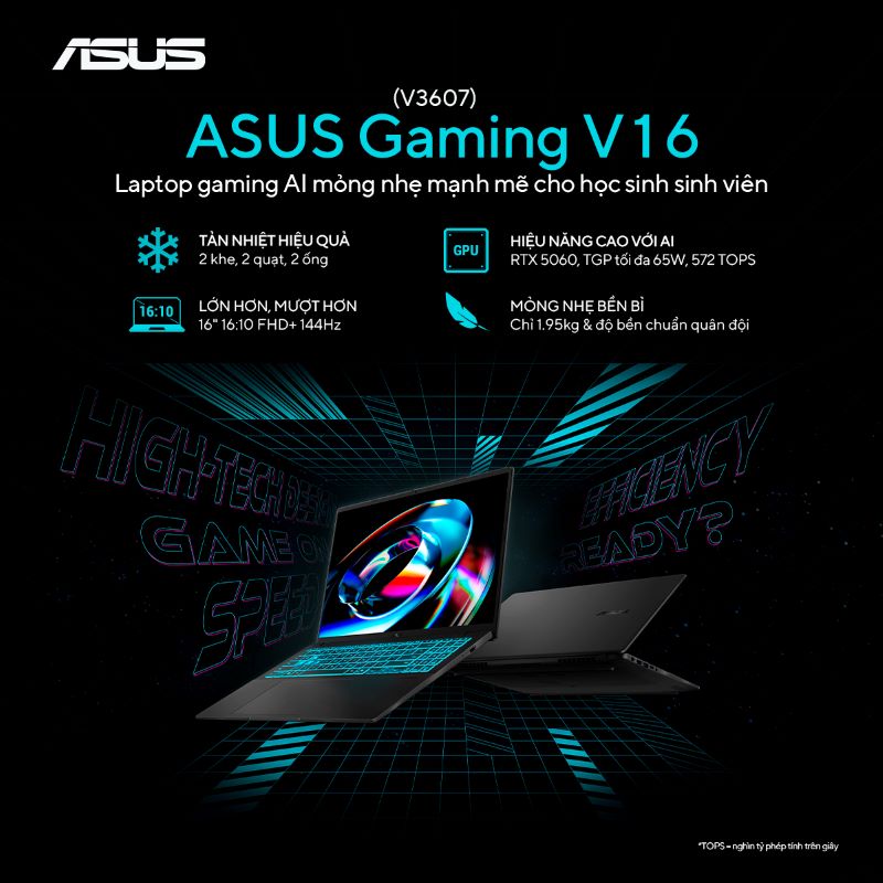 ASUS Gaming V16 V3607VM-RP044W– Laptop gaming AI mỏng nhẹ mạnh mẽ cho học sinh sinh viên