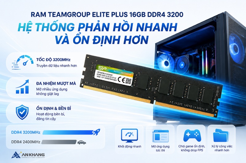 Ram PC TeamGroup ELITE PLUS 16GB DDR4 3200 giúp hệ thống phản hồi nhanh và ổn định hơn