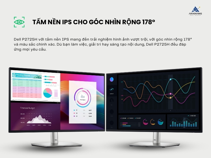 Màn hình máy tính Dell P2725H trang bị tấm nền IPS với góc nhìn rộng lên đến 178 độ