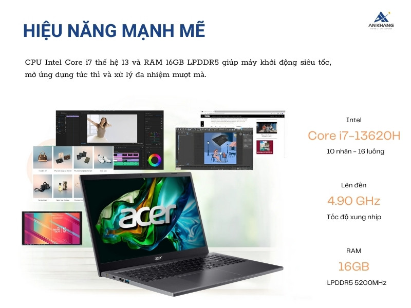 Acer Aspire 5 A515-58P-702Q NX.KVGSV.002 xử lý đa nhiệm mượt mà nhờ CPU Intel Core i7-13620H thế hệ 13 và RAM 16GB