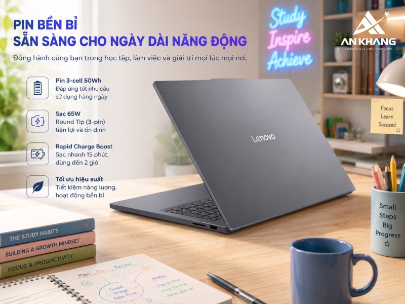 Laptop Lenovo IdeaPad Slim 3 16IWC11 83RS002KVN được trang bị viên pin bền bỉ sẵn sàng cho ngày làm việc, học tập