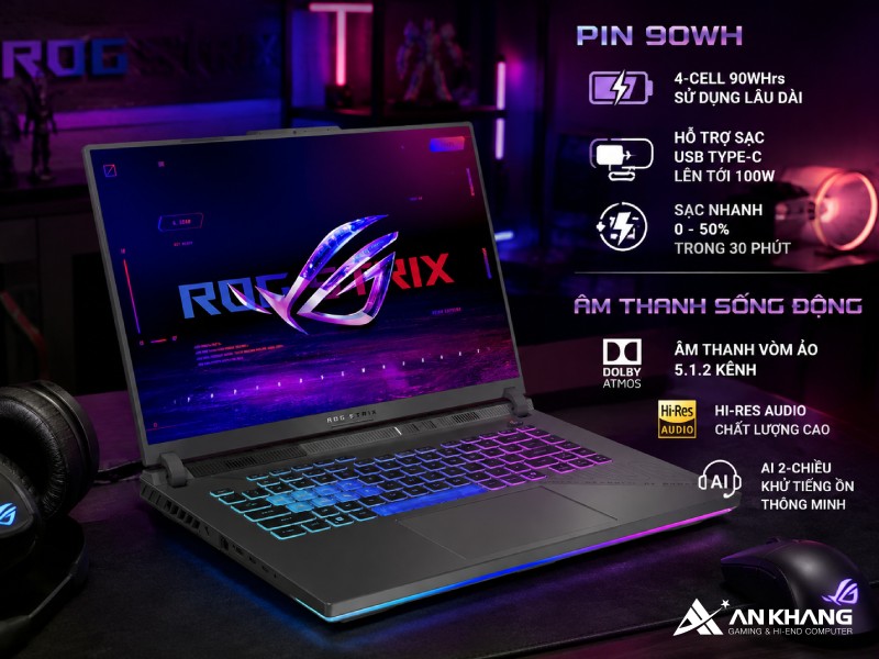 Pin dung lượng lớn, sạc nhanh cùng hệ thống âm thanh chất lượng cao trên ASUS ROG Strix G16 G614PR-TS103W