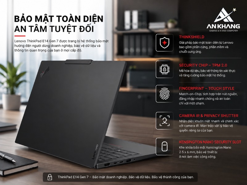 Laptop Lenovo ThinkPad E14 Gen 7 21T90021VA tích hợp hệ thống bảo mật toàn diện