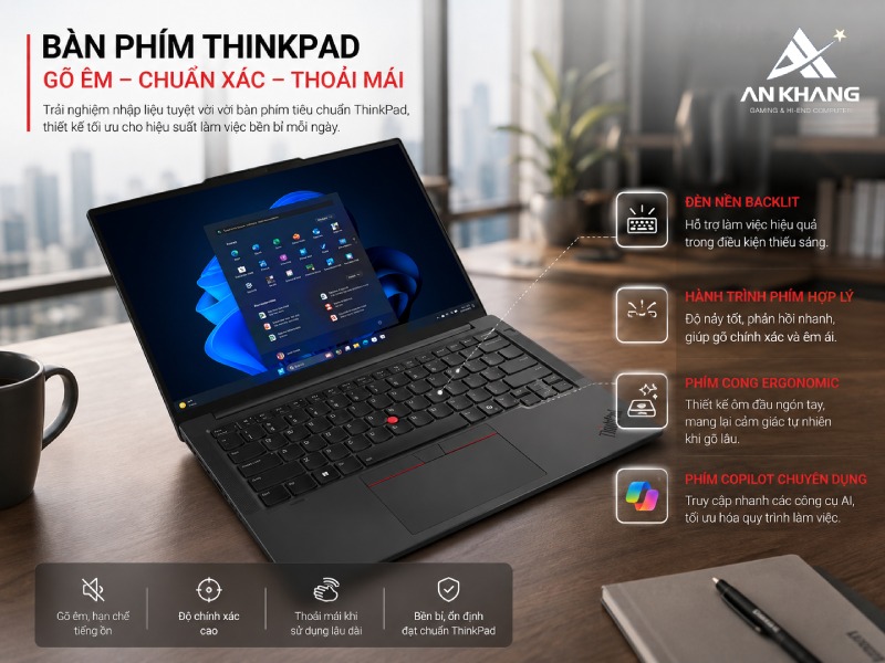 Bàn phím gõ êm và chuẩn xác của Lenovo ThinkPad E14 Gen 7 21T90021VA