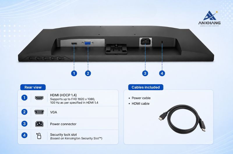 Màn hình Dell SE2225HM trang bị cổng HDMI 1.4 và cổng VGA, tương thích cả thiết bị cũ và mới