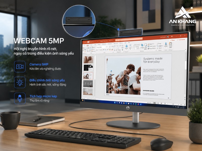 Hoàn thiện trải nghiệm làm việc trực tuyến cùng Webcam 5MP được tích hợp trên HP ProOne 240 G10 B92FVAT