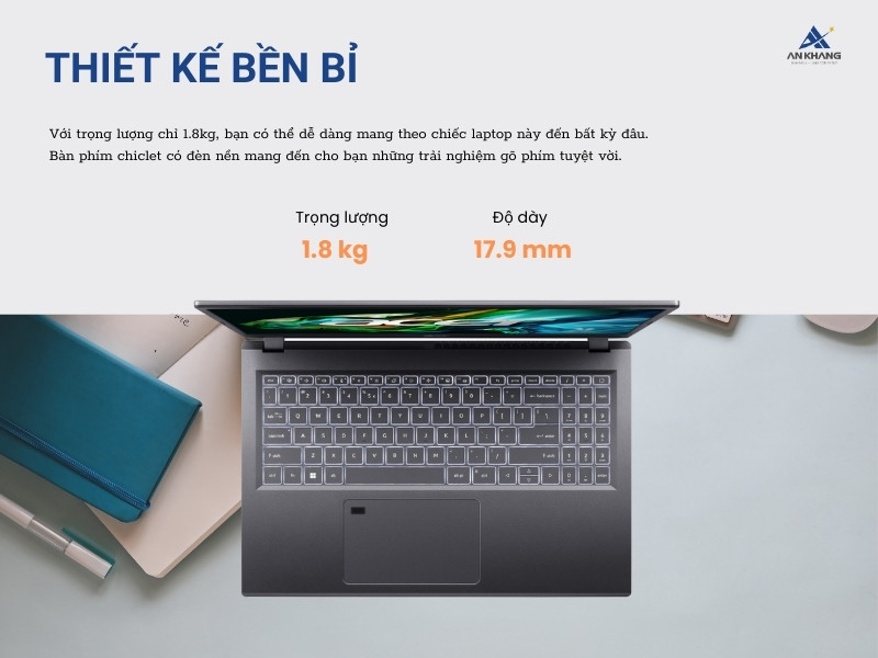 Acer Gaming Aspire 5 A515-58GM-53CM nhỏ gọn hơn so với các laptop gaming cùng phân khúc