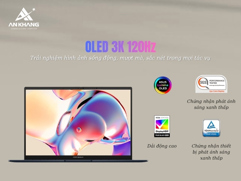M&agrave;n h&igrave;nh ASUS Lumina OLED 3K si&ecirc;u sống động v&agrave; m&atilde;n nh&atilde;n của ASUS Zenbook 14 UX3405