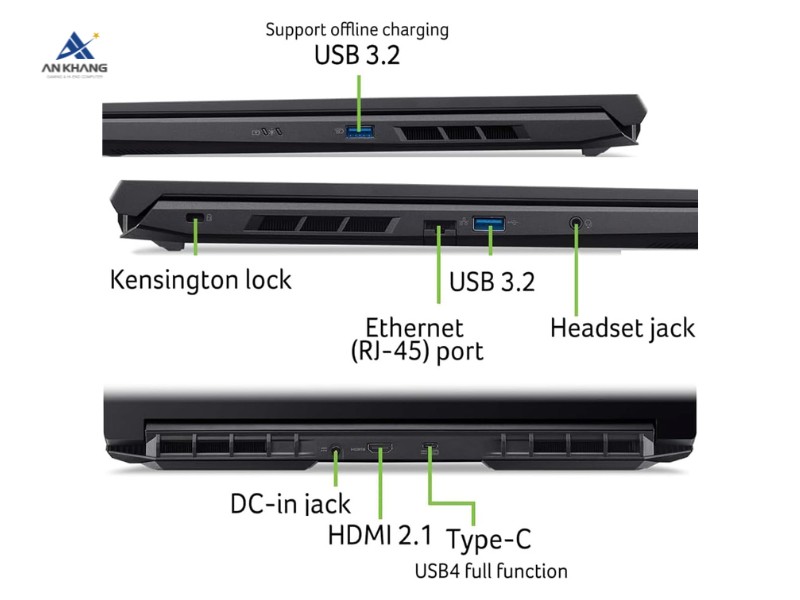 Laptop Gaming Acer Nitro V 16 ProPanel ANV16-41-R6ZY NH.QP2SV.002 trang bị đầy đủ cổng kết nối cần thiết
