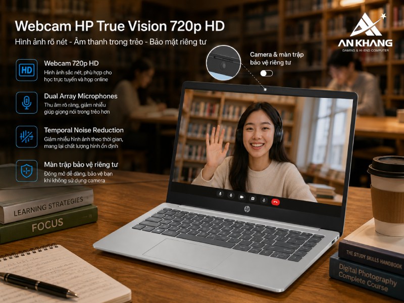 Trang bị webcam HP True Vision 720p hiển thị rõ ràng trên HP 14-ep1200TU D0BG9PA