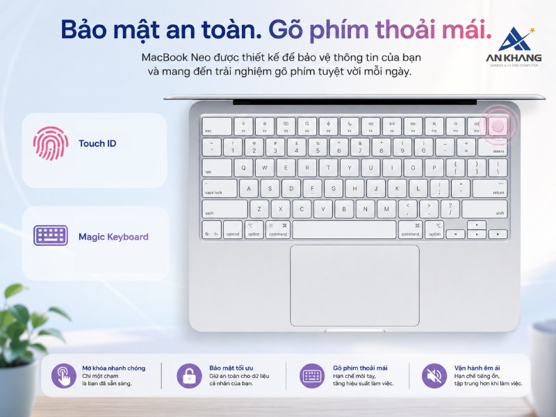 Trang bị Touch ID và bàn phím Magic Keyboard chất lượng cao trên Macbook Neo 13 inch Chip A18 Pro MHFC4SA/A