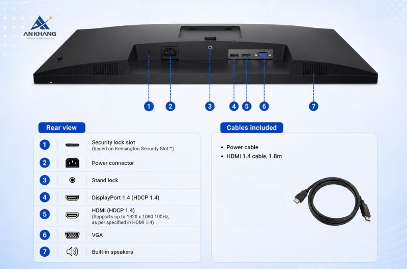 Màn hình Dell Pro E2726HS trang bị hệ thống kết nối đa dạng, có cả loa tích hợp với tổng công suất lên đến 4W